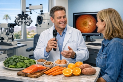 Optometrist discussing eye health and nutrition with patient during an eye exam.