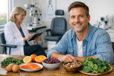 Smiling man with healthy foods sitting in an eye care clinic.