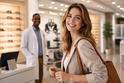 A smiling woman holding eyeglasses and a brown tote bag in a brightly lit optical store, with an optometrist in a white coat standing in the background