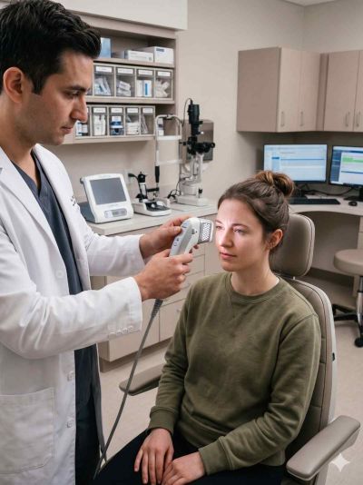 Eye doctor performing modern dry eye treatment on patient in a clinical setting