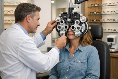 Optometrist performing eye exam with phoropter in a modern eyewear store setting.