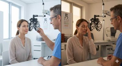 Split image showing eye exam in morning with bright light and afternoon with slightly tired eyes in clinic