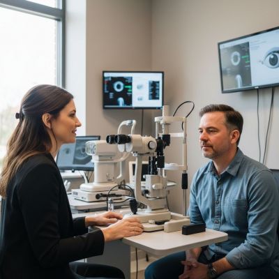 Patient receiving eye examination with slit lamp equipment.