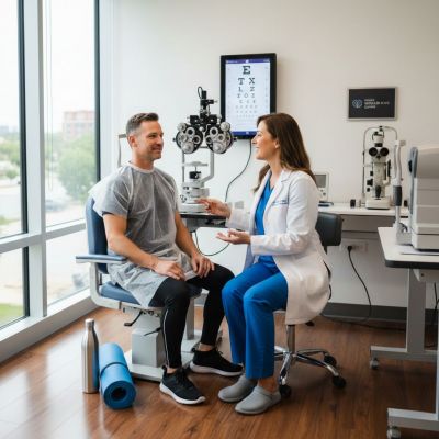 Optometrist consulting with a patient during an eye exam in a modern clinic