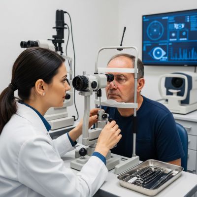 Optometrist adjusting phoropter during an eye exam.