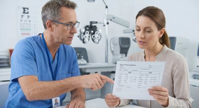 Patient reviewing eye prescription with DS abbreviation while optometrist explains in clinic