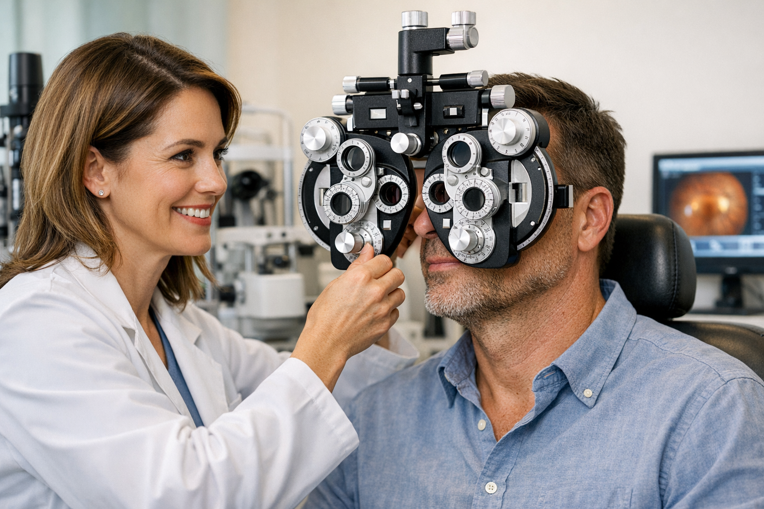 Optometrist adjusting phoropter during an eye exam.