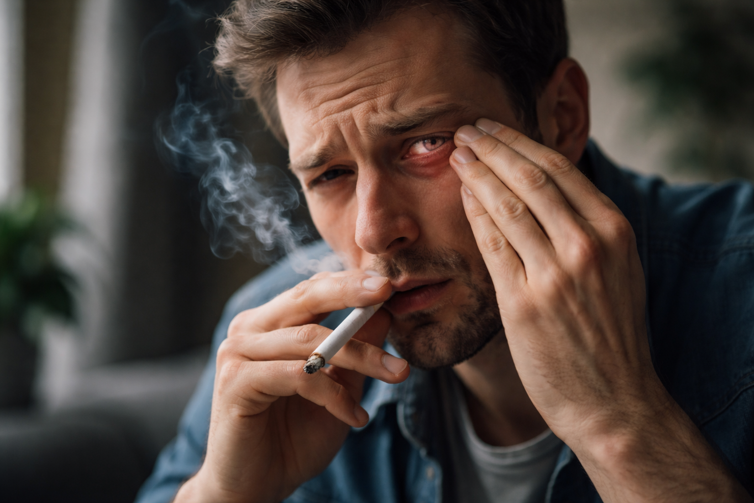 Man smoking a cigarette while rubbing an irritated, red eye