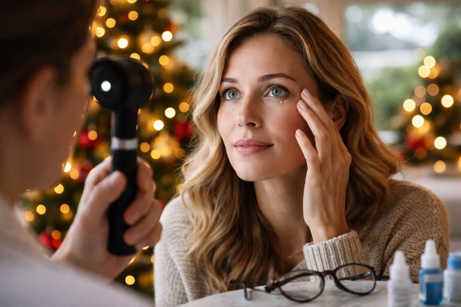 Woman having her eye examined with a handheld light.
