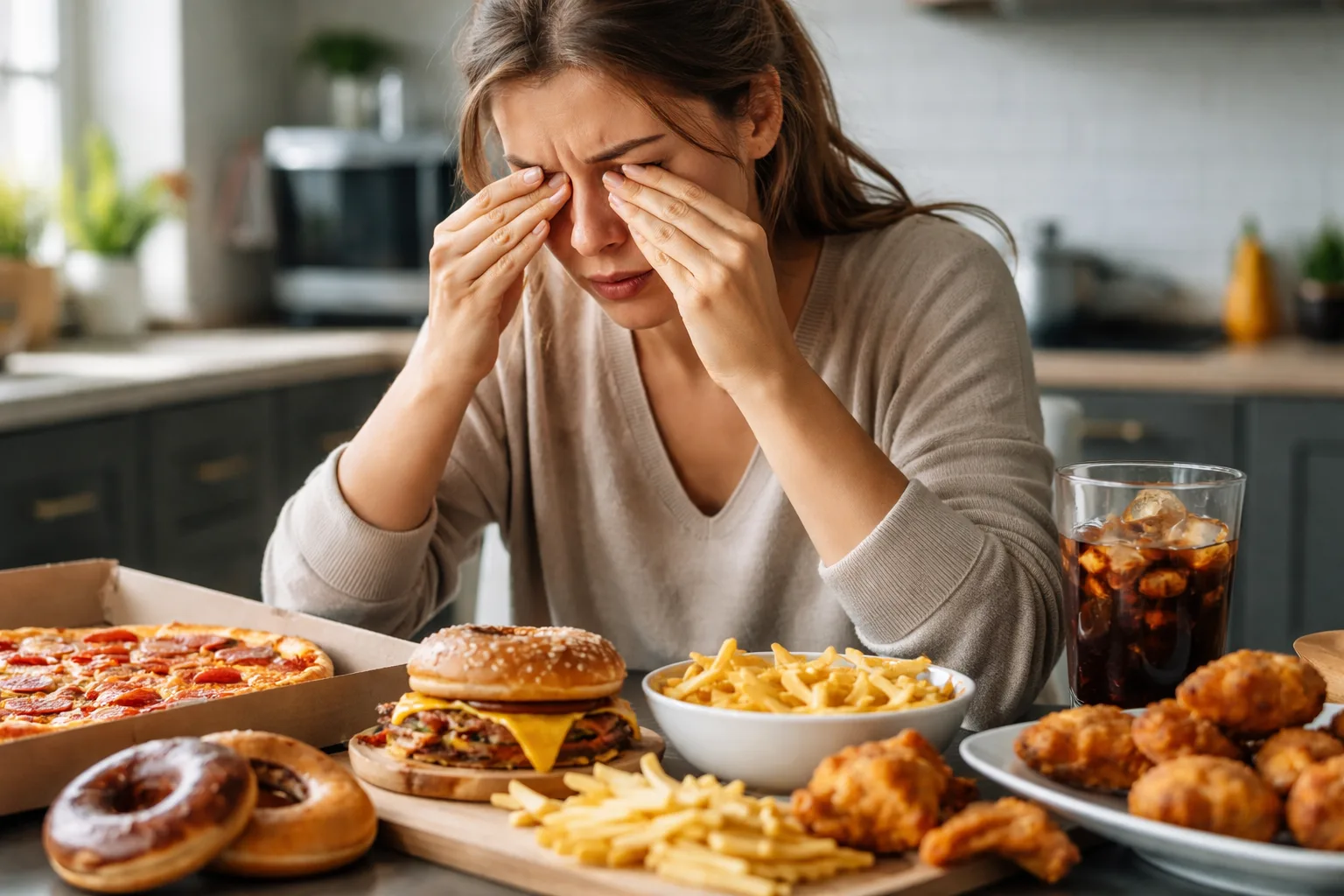 Woman rubbing tired eyes surrounded by unhealthy fast food on a table.