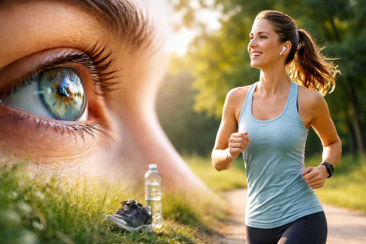 Close-up of a human eye blended with a woman jogging outdoors in sunlight