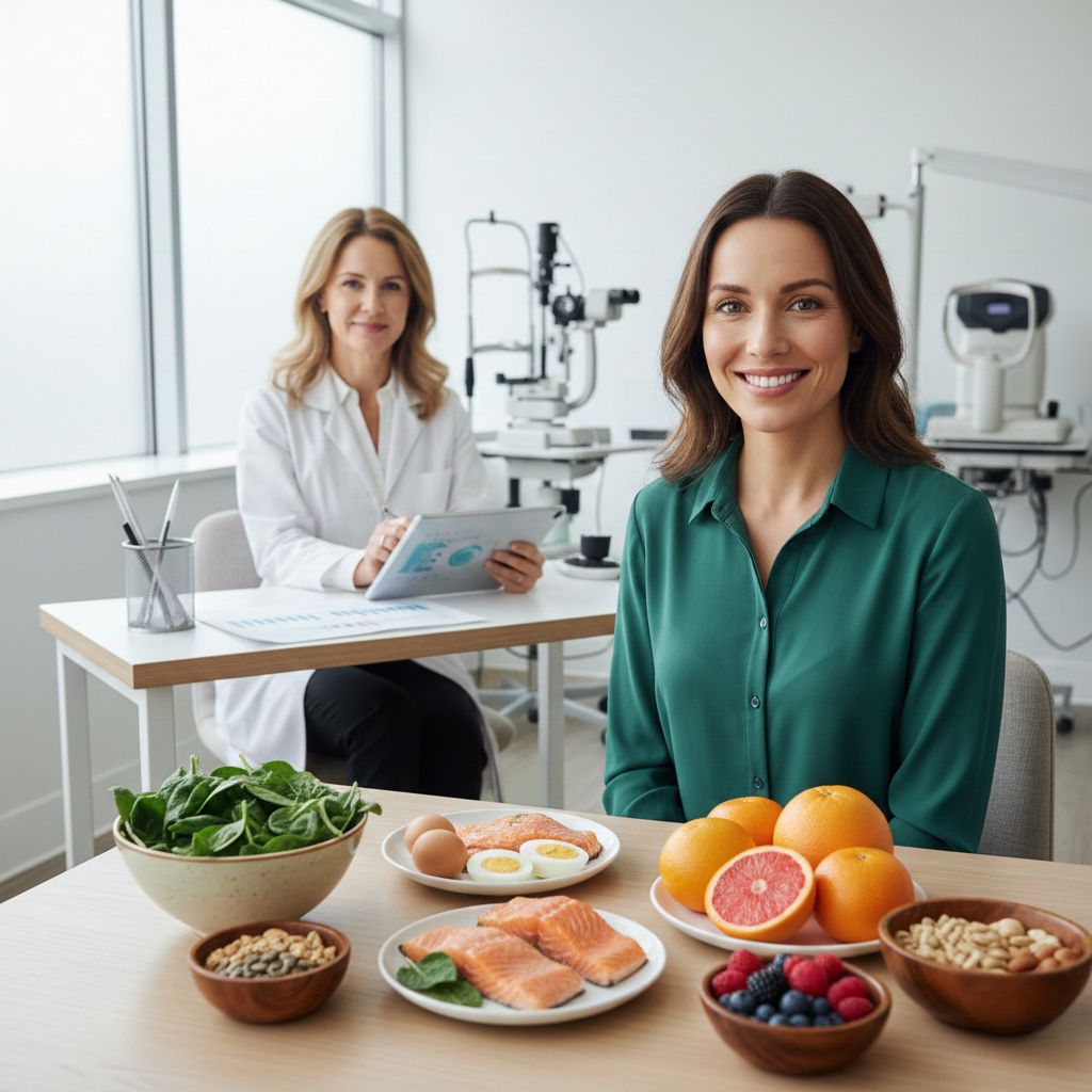 Smiling Woman with healthy foods sitting in an eye care clinic.