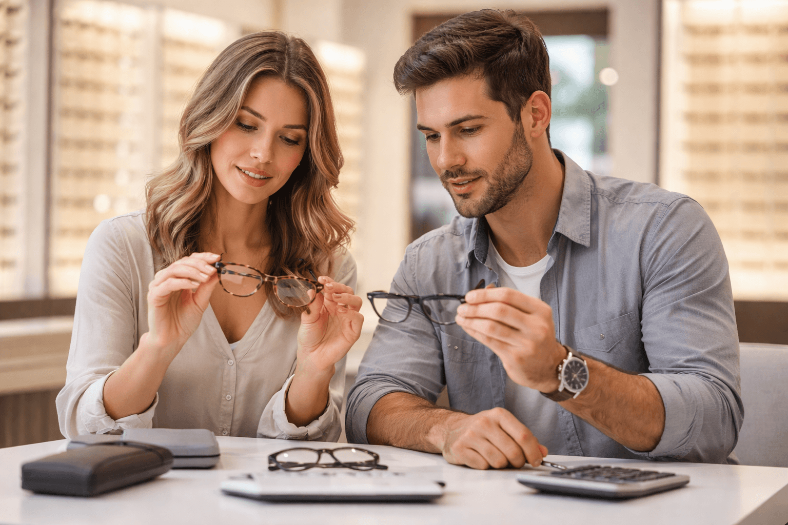 A woman and a man sitting at a table in an optical store, each holding up a pair of eyeglasses to examine them