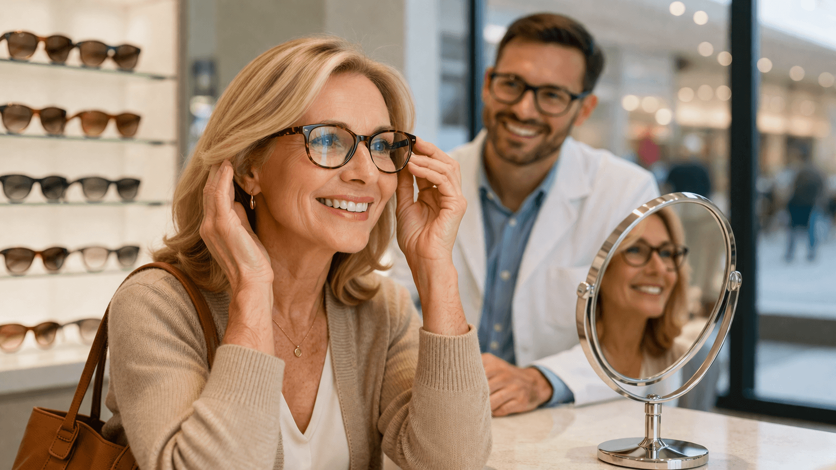 A smiling woman trying on tortoiseshell eyeglasses and looking at her reflection in a small counter mirror, while an optician in a white coat smiles in the background.