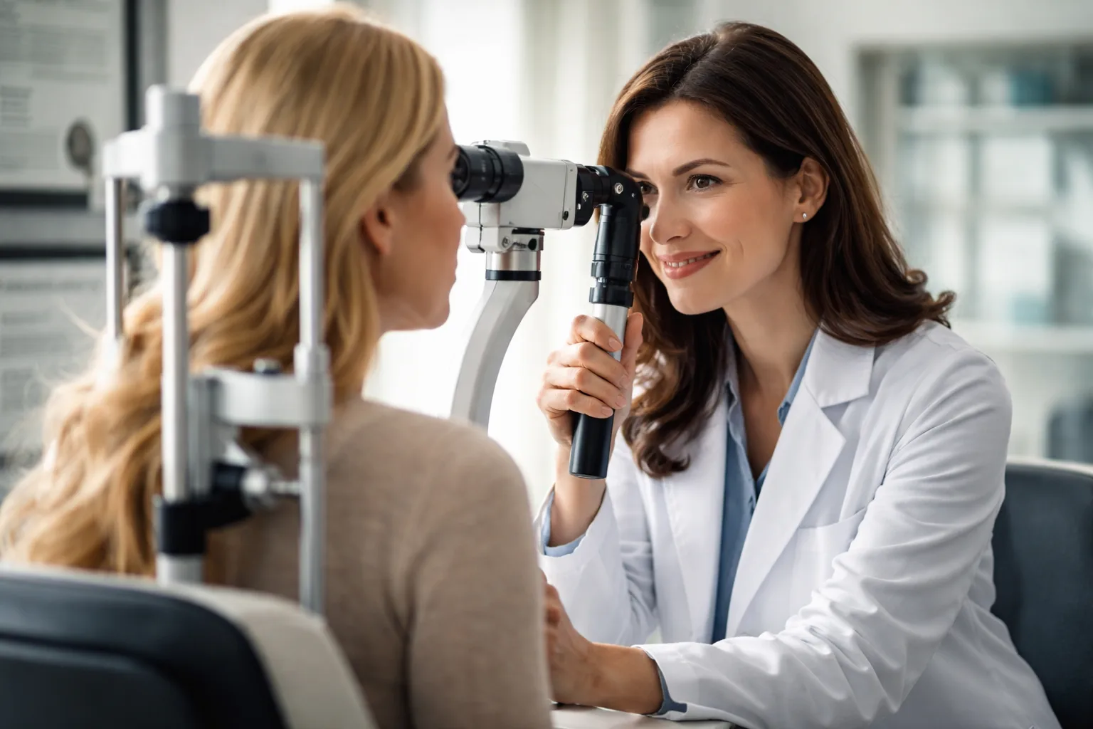 A smiling female optometrist in a white coat examining a patient's eyes using a slit lamp machine in a bright clinic
