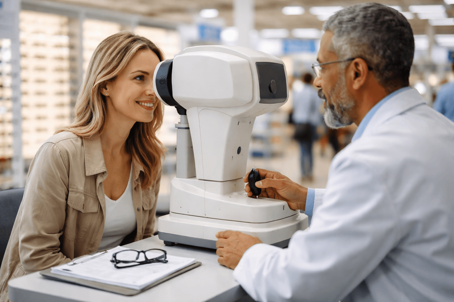 A smiling woman looking into a white eye examination machine operated by an optometrist in a white coa