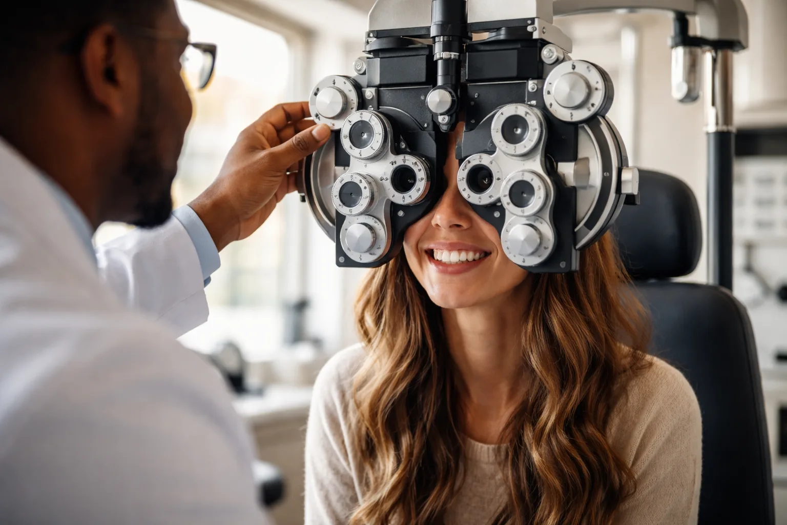 A smiling woman looking through a large phoropter device during an eye exam, while an optometrist adjusts the dials.