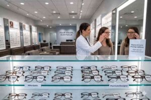Eyeglasses displayed in an optical store with different price tags showing variation in prescription glasses pricing