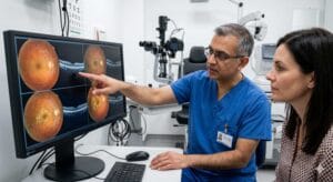 Eye doctor reviewing retinal scan images with patient to differentiate eye conditions similar to macular degeneration