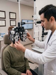 Eye doctor performing vision test on patient using phoropter in a modern eye clinic