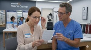 Patient wearing new glasses struggling to see clearly while optometrist reviews prescription in clinic