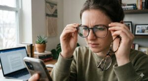 Person adjusting new glasses and experiencing slightly unclear vision while looking at phone indoors