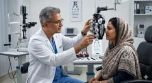 Optometrist in white coat performing eye exam on patient in clinic setting