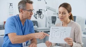 Patient reviewing eye prescription with DS abbreviation while optometrist explains in clinic
