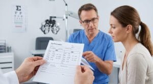 Optometrist explaining eye prescription with OD and OS terms to patient in clinic