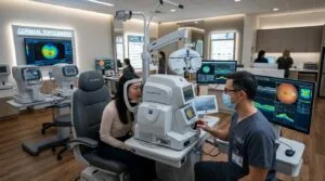Advanced eye examination using OCT retinal scanner and modern ophthalmology diagnostic equipment