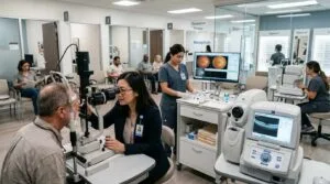 Patient undergoing ophthalmology appointment with advanced eye examination equipment in modern clinic