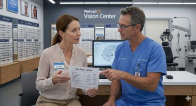 Patient asking optometrist about prescription details including PD during eye exam consultation