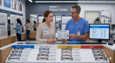 Customer discussing progressive lens prices with optician at Walmart Vision Center with glasses display