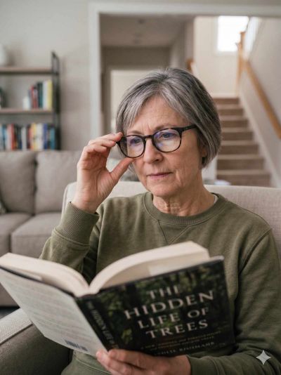 Senior wearing progressive glasses struggling to focus while reading at home