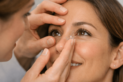 ye care professional placing a contact lens on a woman’s eye.