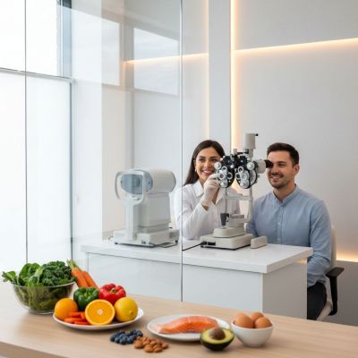 Optometrist performing an eye exam with healthy foods displayed on table.
